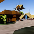 Ancient Village Scene With Thatched Roof Houses Circular Fence Trees Central Area And People