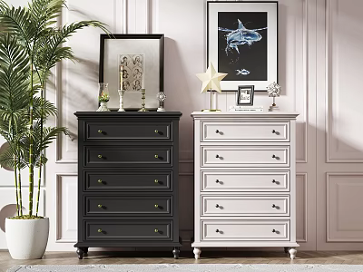 Stylish Black And White Dressers With Decorative Accents Indoor Plants And Wall Art 3d model
