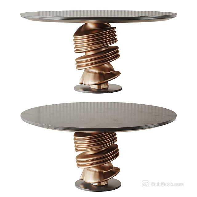Modern Elegant Dining Table With Copper Spiral Base And Round Tabletop 3d model 