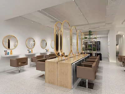 Modern Hair Salon Interior With Styling Stations Gold Mirrors Brown Chairs And Wooden Counter 3d model