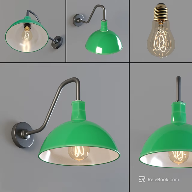 Modern Green Wall Lamps With Curved Metal Arm And Exposed Bulb Design 3d model 