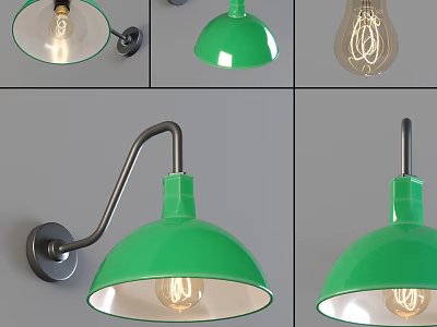 Modern Green Wall Lamps With Curved Metal Arm And Exposed Bulb Design 3d model