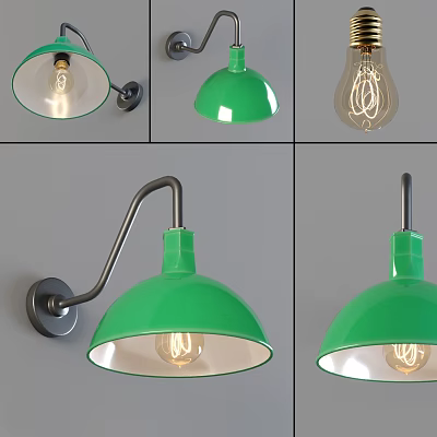 Modern Green Wall Lamps With Curved Metal Arm And Exposed Bulb Design 3d model