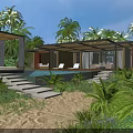Tropical Garden Landscape Featuring Lush Greenery Outdoor Pool Wooden Pavilion And Stone Steps