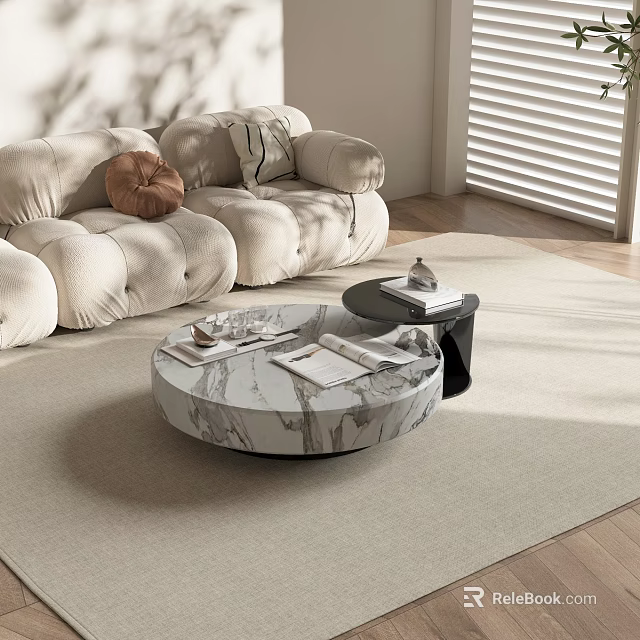 Round Marble Coffee Table In Modern Living Room With Light Sofa And Books 3d model 