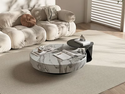 Round Marble Coffee Table In Modern Living Room With Light Sofa And Books 3d model