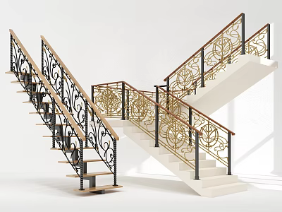 Elegant Staircase Design With Ornate Gold Railings Wooden Handrails And White Steps 3d model