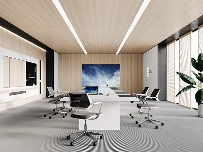 Modern Conference Room Interior With Wooden Ceiling Large TV Screen White Table And Green Plant 3d model