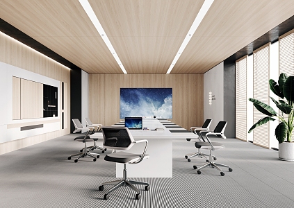 Modern Meeting Room Minimalist Log Office Meeting Table and Chair Projection Carpet Cabinet 3d model