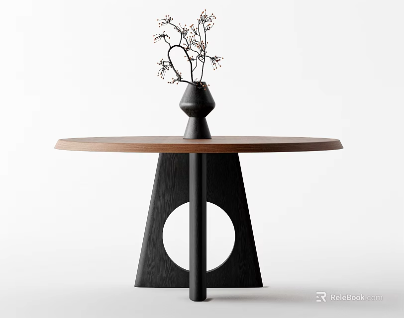 Round Modern Dining Table With Wooden Top Black Geometric Legs And Decorative Vase With Branches 3d model 