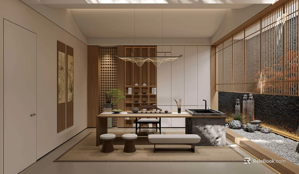 Traditional Tea Room Interior Design With Wooden Furniture Tatami Seating And Tea Sets 3d model 