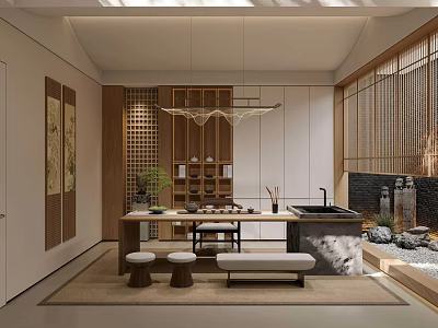 Traditional Tea Room Interior Design With Wooden Furniture Tatami Seating And Tea Sets 3d model