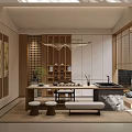 Traditional Tea Room Interior Design With Wooden Furniture Tatami Seating And Tea Sets