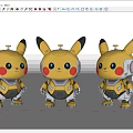 Three Yellow Pikachu Sculptures with Mechanical Style and Detailed Mech Elements