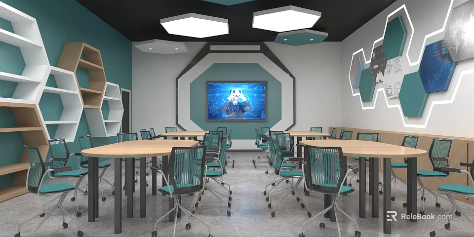 School Modern Classroom With Teal Hexagonal Decor Large Screen And Tables Chairs 3d model 