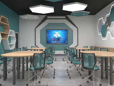 School Modern Classroom With Teal Hexagonal Decor Large Screen And Tables Chairs 3d model