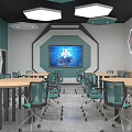 School Modern Classroom With Teal Hexagonal Decor Large Screen And Tables Chairs 3d model