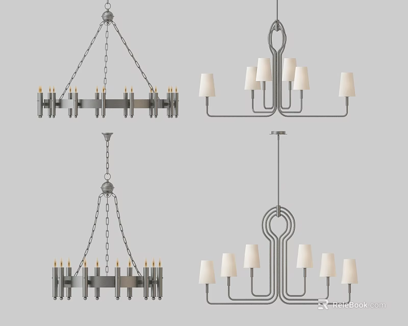 Various Modern Chandeliers With Metal Frames And White Lampshades In Different Styles 3d model 