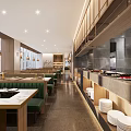 Modern Restaurant Interior With Open Layout City View Windows Woven Pendant Lights And Rattan Chairs