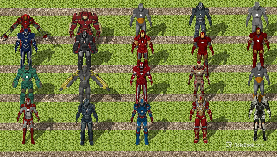 Game Movie Robot Characters With Different Armor Designs Standing In Rows 3d model 