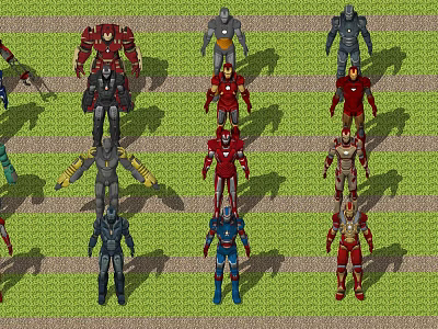Game Movie Robot Characters With Different Armor Designs Standing In Rows 3d model