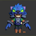 Blue Cartoon Game Movie Character With Green Eyes Feline Features Orange Paws And Bone Accessories