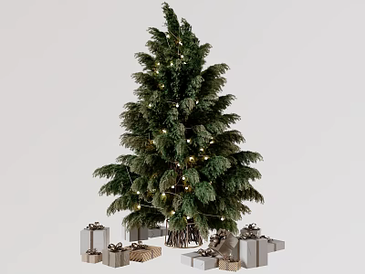 Evergreen Arbor Decorated With Festive String Lights And Surrounding Gift Boxes For Holiday 3d model