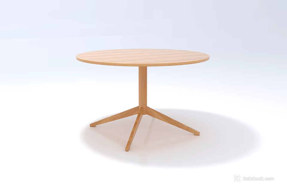 Round Wooden Dining Table with Minimalist Design and Three-Legged Base 3d model 