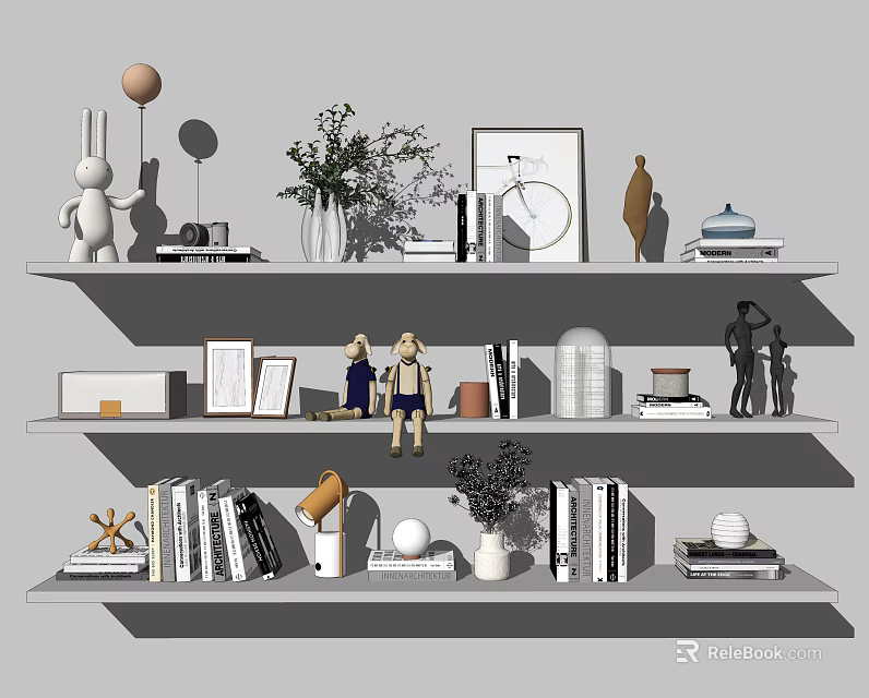 Stylish Decorative Ornament Combination on Shelves with Sculptures Vases Frames and Figurines 3d model 