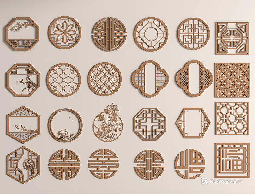 Decorative Traditional Carved Lattice Windows With Diverse Shapes And Floral Geometric Designs 3d model 