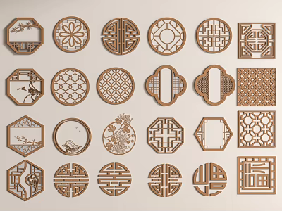 Decorative Traditional Carved Lattice Windows With Diverse Shapes And Floral Geometric Designs 3d model