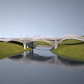 Modern White Landscape Bridge with Wavy Structure Over Water Area and Green Grass Pathway