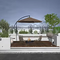 Rooftop Garden Outdoor Living Space With Wooden Deck Umbrella Tables Chairs And Green Plants