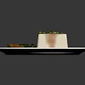 Fresh Green Herbs Garnishing Silky Tofu On Blue And White Patterned Plate With Sauce