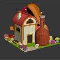 Cartoon Building with Red Roof White Walls Red Bottle Structure Chicken Leg Decoration Green Lawn