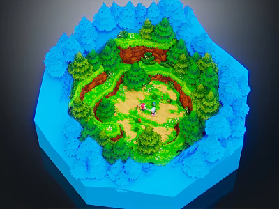 Cartoon Forest Scene With Blue Green Trees Grassland Path And Small Characters 3d model