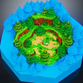 Cartoon Forest Scene With Blue Green Trees Grassland Path And Small Characters
