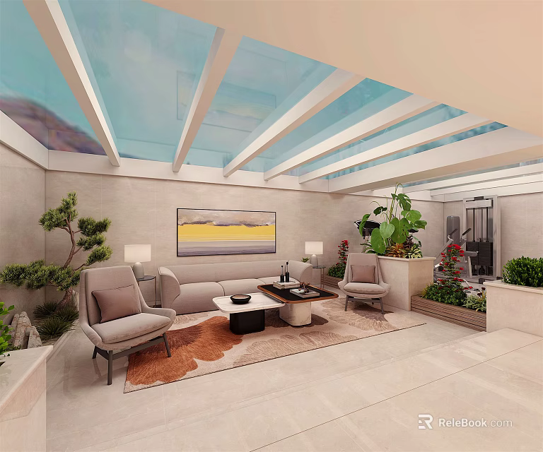 Modern Villa Balcony Design With Comfortable Seating Green Plants And Decorative Elements 3d model