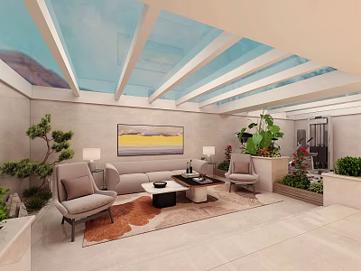 Modern Villa Balcony Design With Comfortable Seating Green Plants And Decorative Elements 3d model