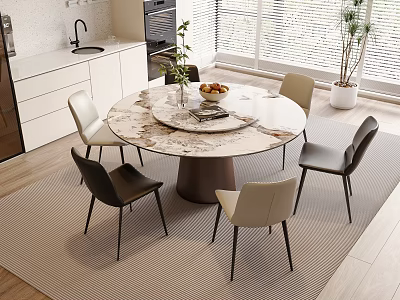 Dining Table Set With Marble Top And Black Beige Chairs In Modern Kitchen 3d model