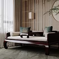 Traditional Chinese Luohan Bed With Wooden Frame Blue Cushions And Decorative Screen
