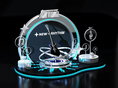 Modern NEW RHYTHM Stage Featuring Transparent Circular Design Guitar Music Notes And Blue Lighting 3d model