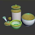 Artistic Ceramic Sculpture Carvings Featuring Yellow And White Jars With Lids And Bowls
