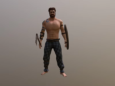 Barefoot Bearded Male Warrior With Tattooed Arms Holding Axe And Shield In Plaid Pants 3d model