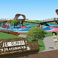 Colorful Children's Playground With Water Channels Wooden Pavilions Winding Walkways And Green Lawns