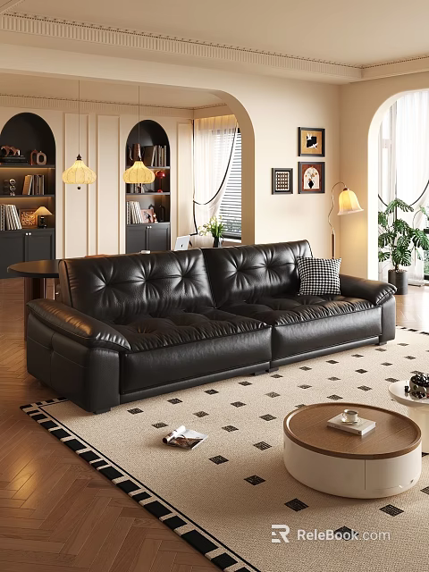 Retro Black Leather Sofa And Round Wooden Coffee Table Combination For Stylish Cozy Living Room 3d model 