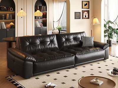 Retro Black Leather Sofa And Round Wooden Coffee Table Combination For Stylish Cozy Living Room 3d model
