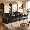 Retro Black Leather Sofa And Round Wooden Coffee Table Combination For Stylish Cozy Living Room