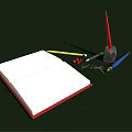 Open Notebook With Red Cover And Colorful Pens Near Glass Ink Bottle And Paper Clips