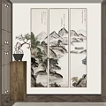 Traditional Chinese Landscape Painting Triptych Scroll With Mountain Water Pine Trees And Boat